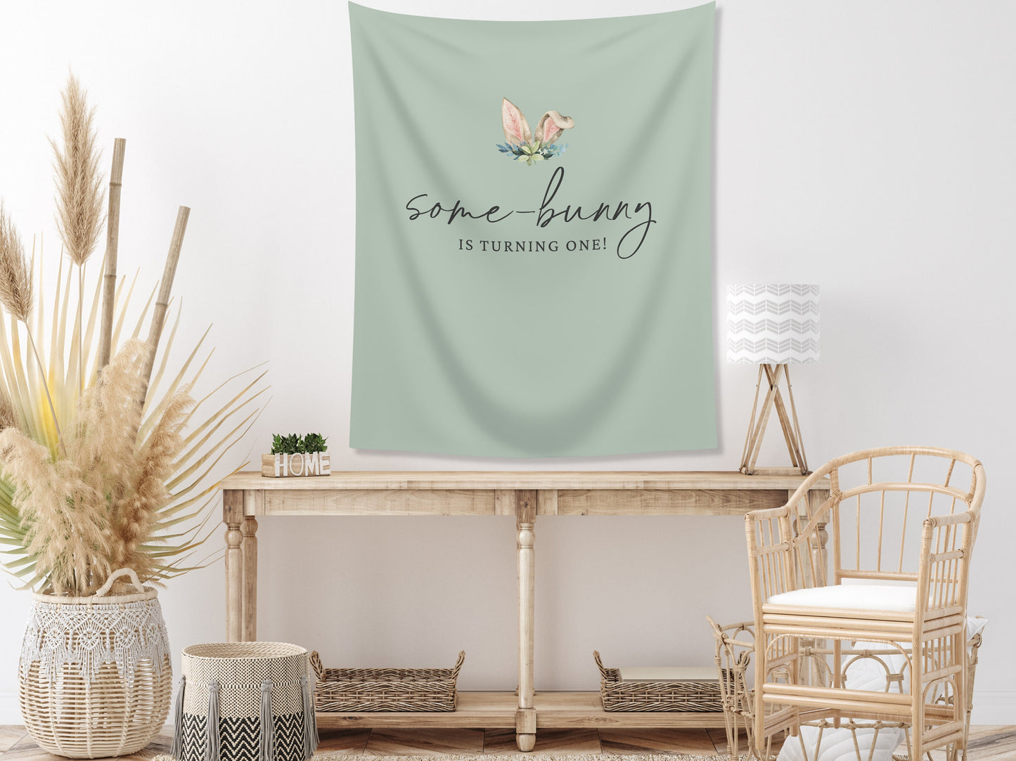 Some Bunny is Turning One Custom Bunny Ears Shower Backdrop | Personalized Easter Spring 1st, 2nd or 3rd Birthday Party Banner