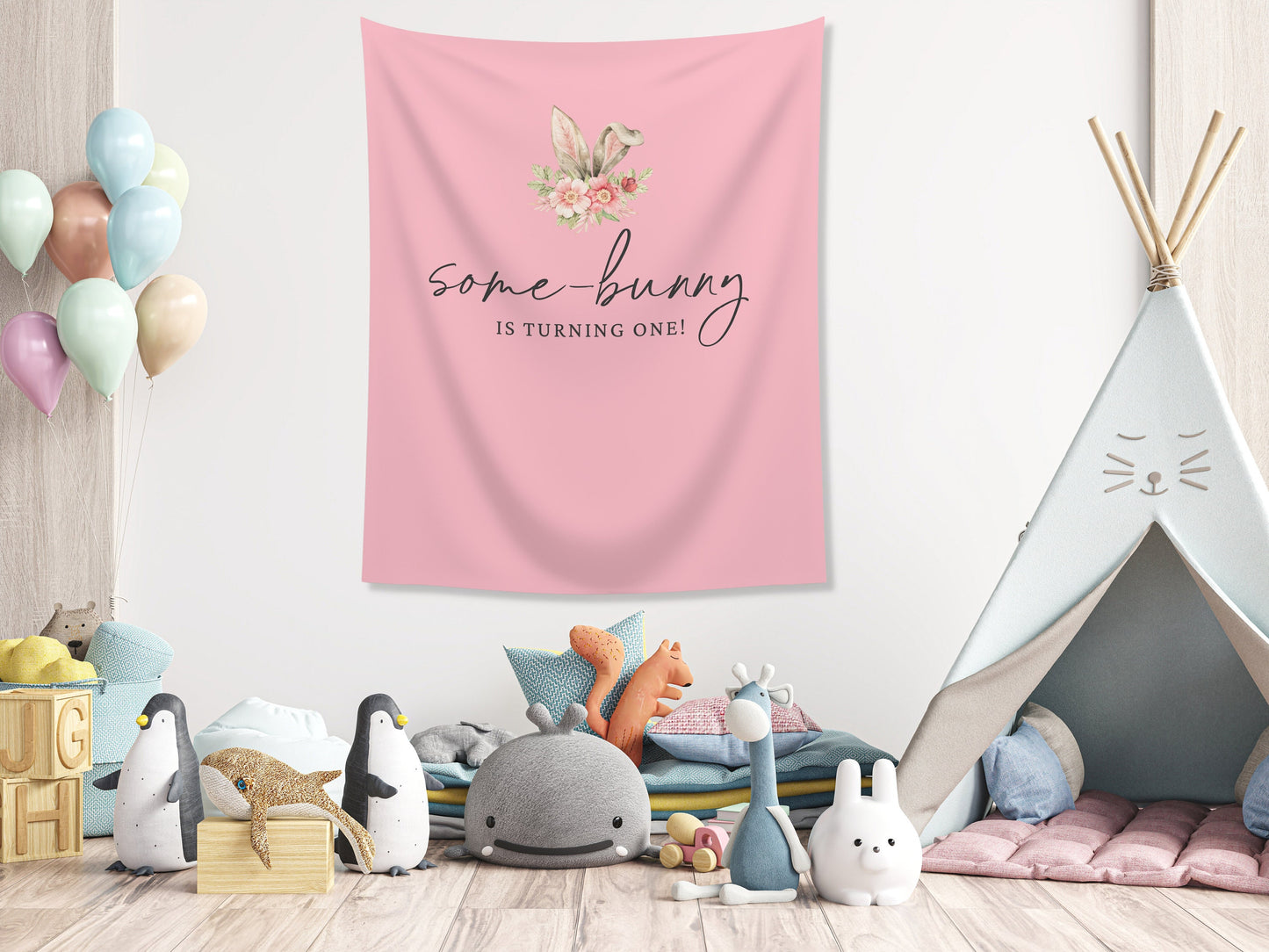 Some Bunny is Turning One Custom Bunny Ears Shower Backdrop | Personalized Easter Spring 1st, 2nd or 3rd Birthday Party Banner