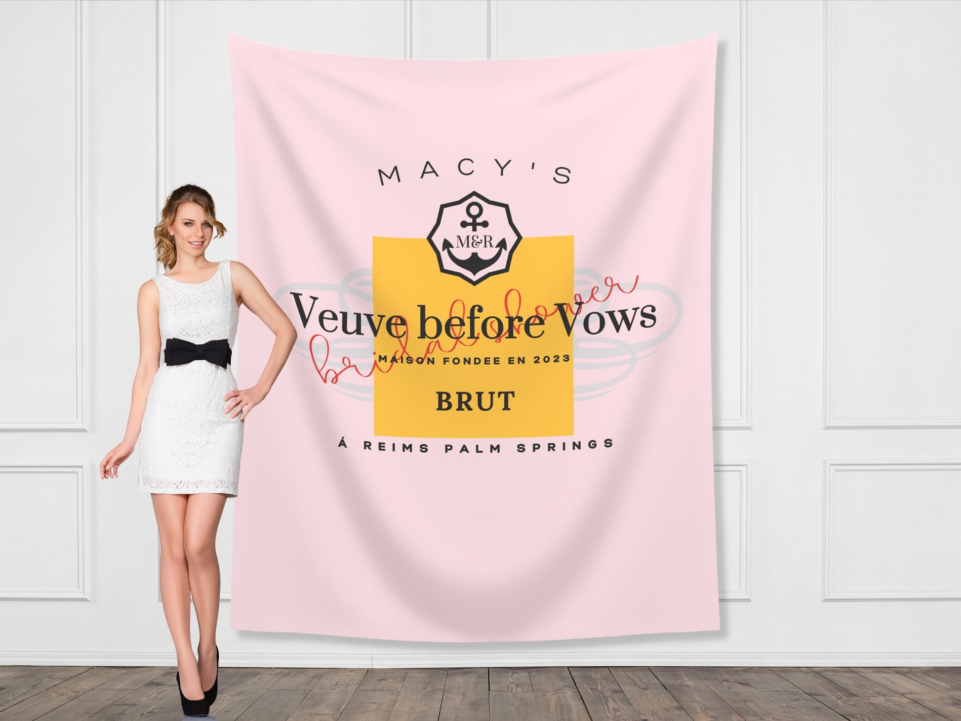 Bridal Shower Veuve Before Vows Custom Fabric Backdrop | Pink Rose Champagne Bridal Personalized Banner