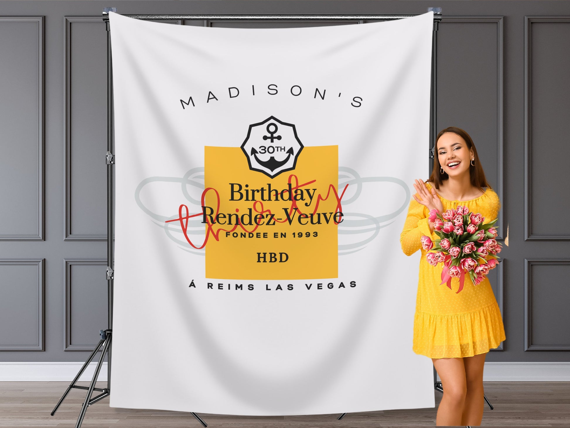 Birthday Rendez Veuve Custom Fabric Backdrop | 21st or 30th Birthday Pink Rosé Champagne Personalized Banner