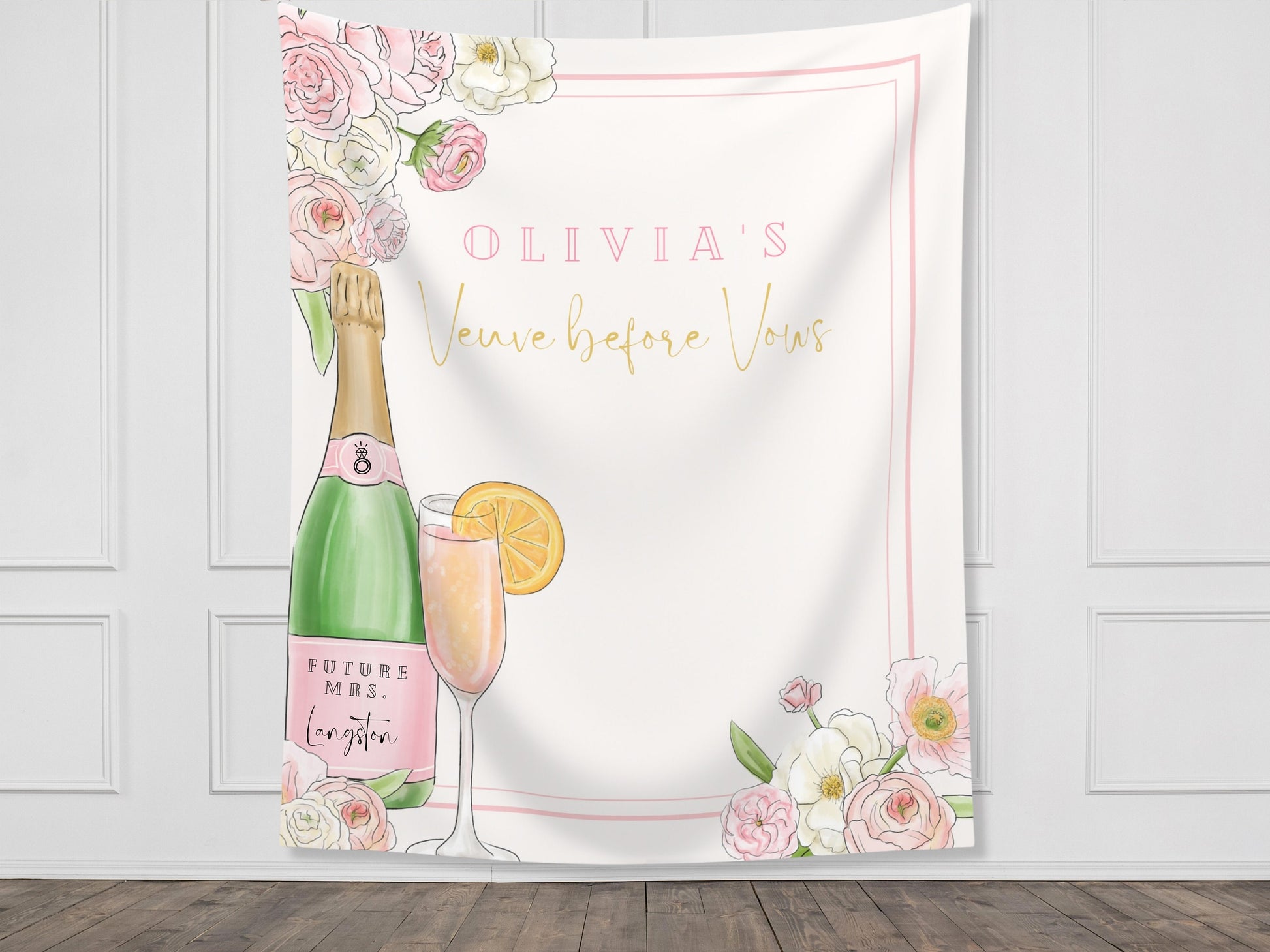 Champagne Bachelorette Party Custom Text Backdrop | Pink Floral Veuve before Vows Bach Weekend Party Personalized Banner