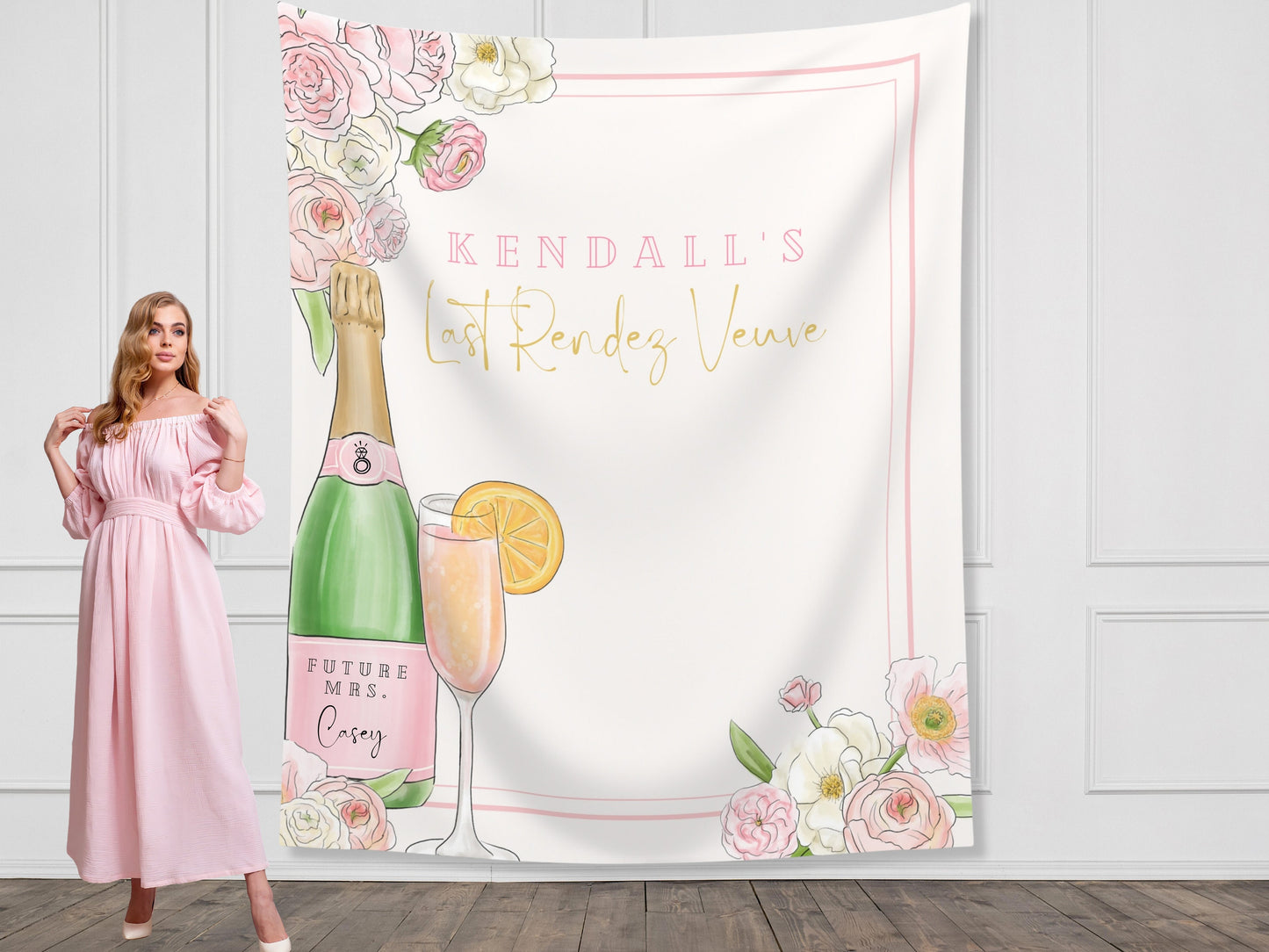 Champagne Bachelorette Party Custom Text Backdrop | Pink Floral Veuve before Vows Bach Weekend Party Personalized Banner