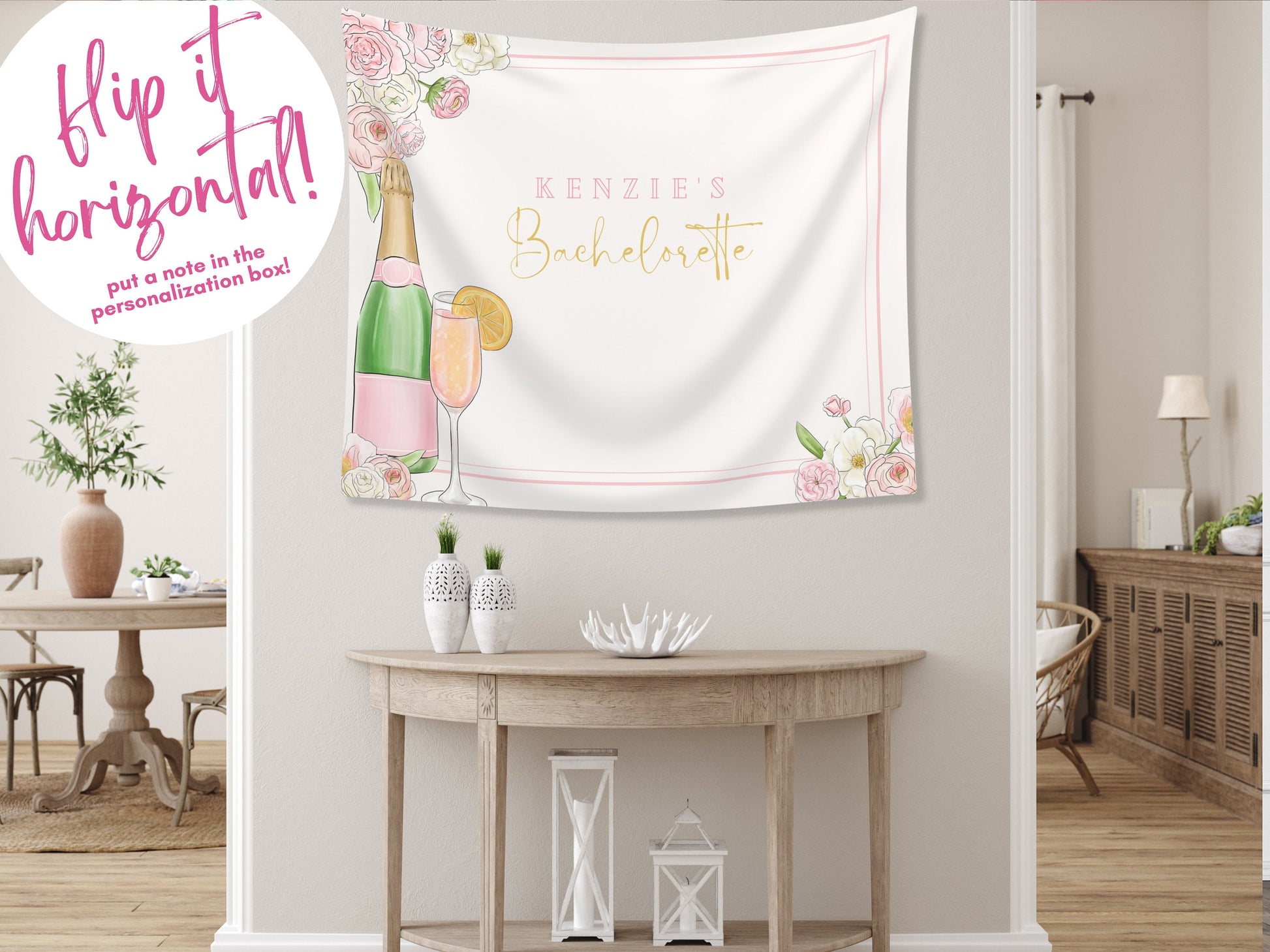 Champagne Bachelorette Party Custom Text Backdrop | Pink Floral Veuve before Vows Bach Weekend Party Personalized Banner