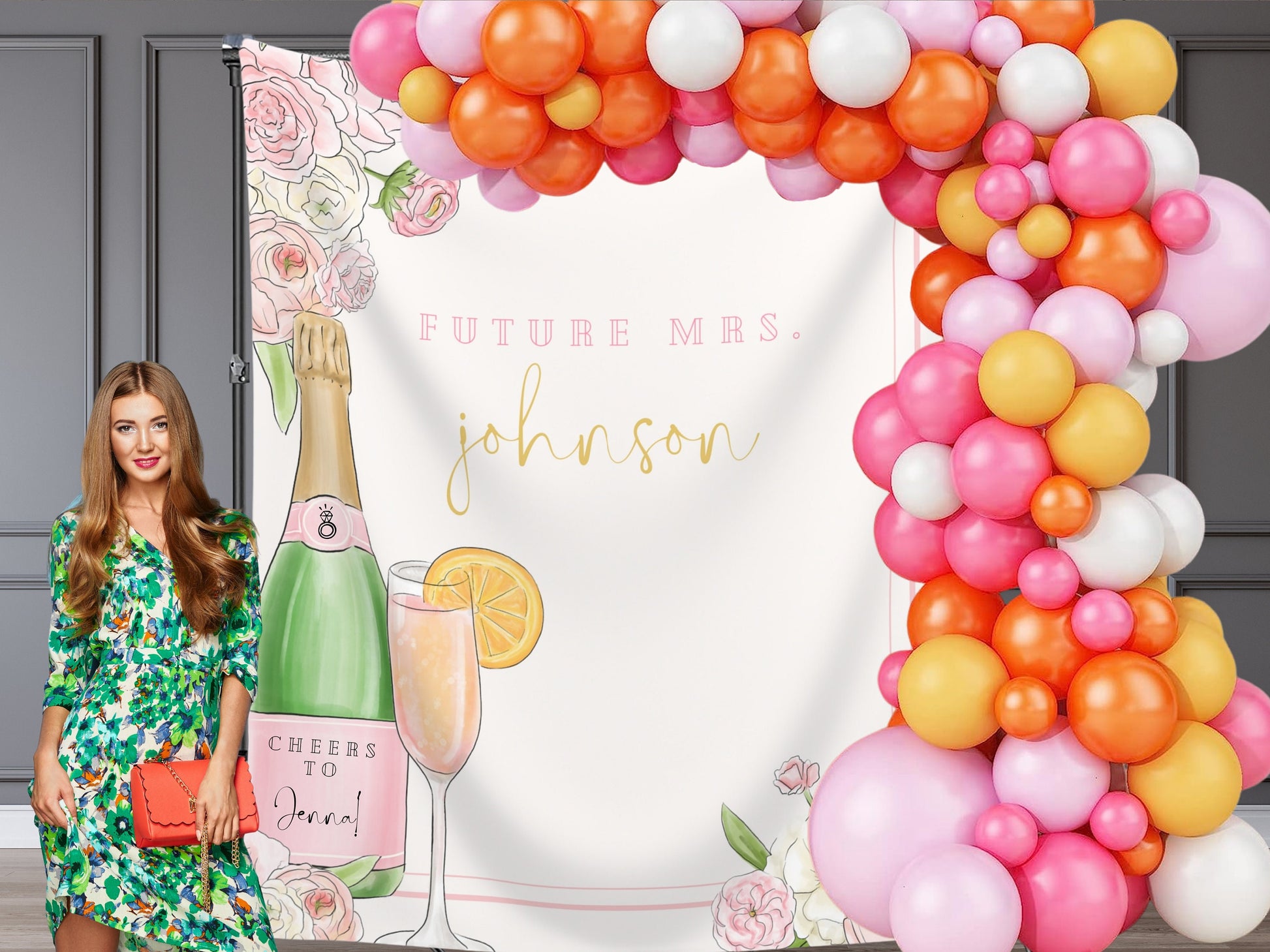 Champagne Bachelorette Party Custom Text Backdrop | Pink Floral Veuve before Vows Bach Weekend Party Personalized Banner