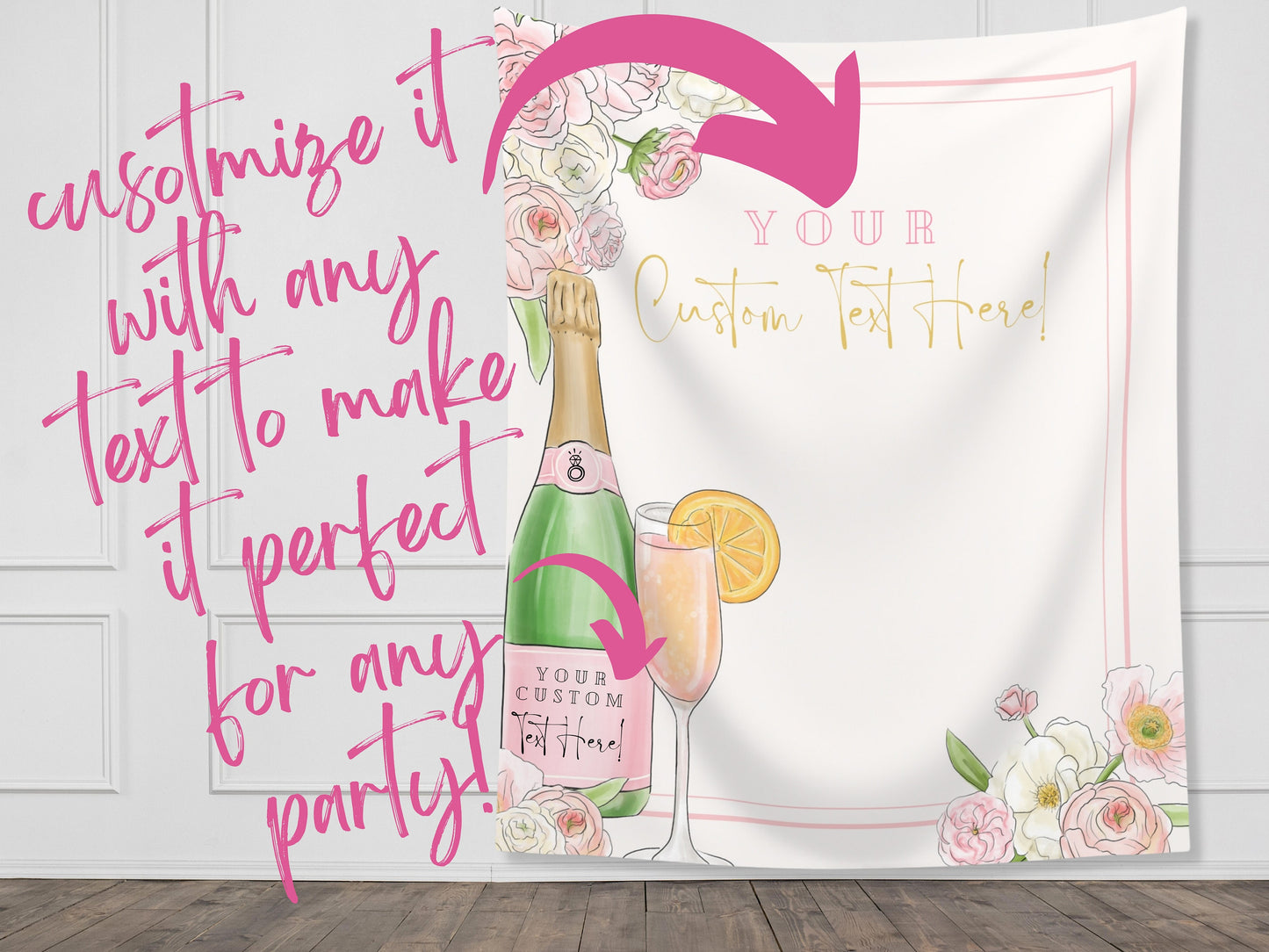 Champagne Bachelorette Party Custom Text Backdrop | Pink Floral Veuve before Vows Bach Weekend Party Personalized Banner