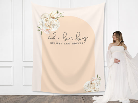 Boho Arch Floral Personalized Baby Shower Backdrop | Oh Baby Custom Party Backdrop