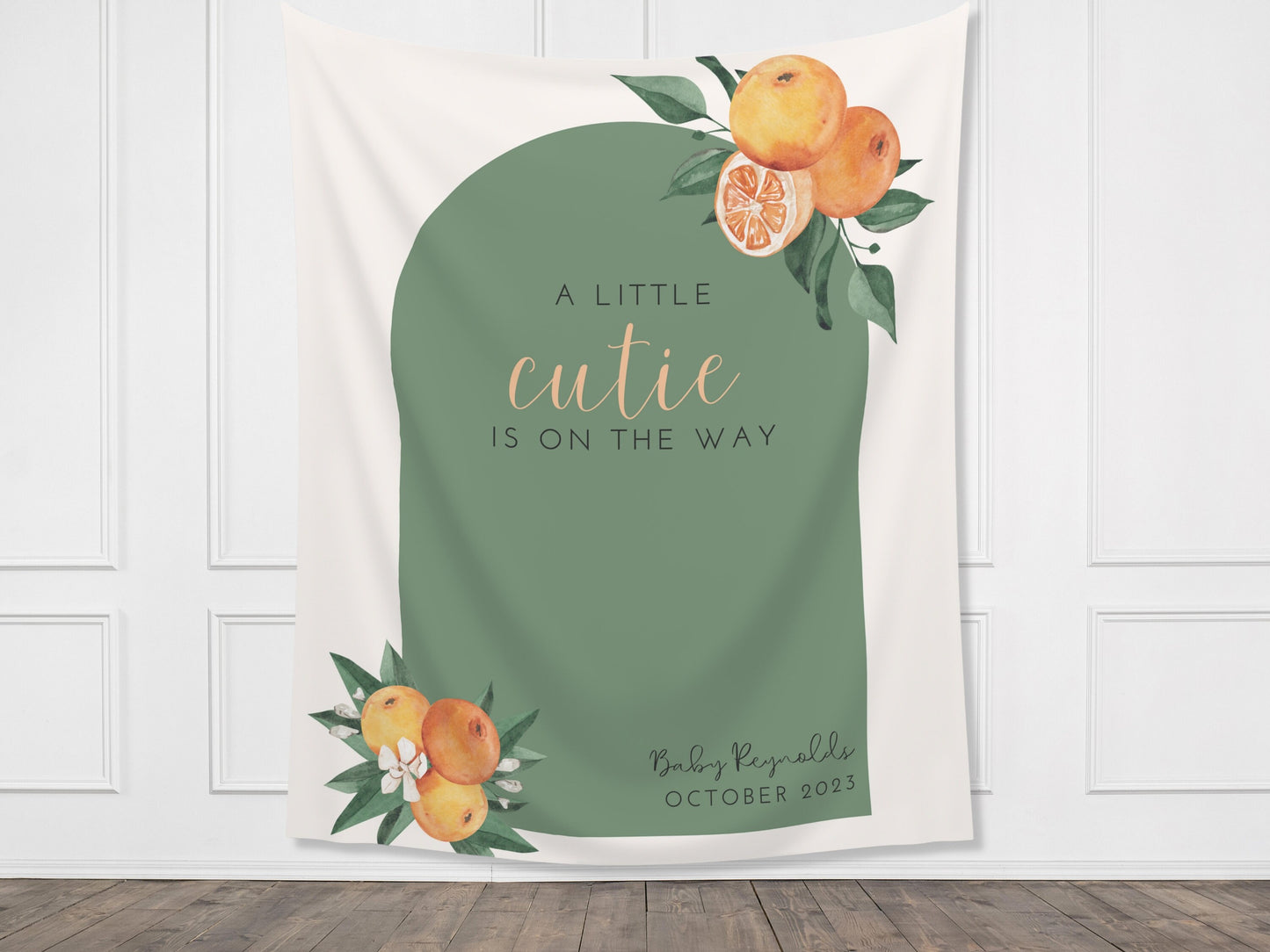 A Little Cutie is on the Way Personalized Baby Shower Backdrop | Custom Orange Citrus Baby Shower or Gender Reveal Backdrop