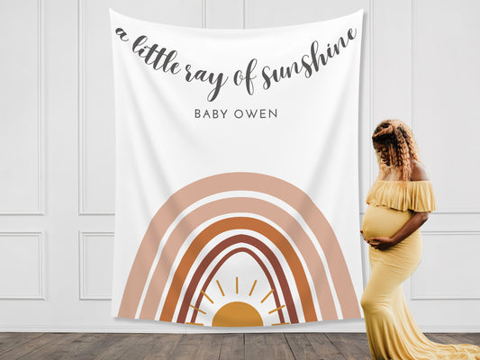 Little Ray of Sunshine Personalized Baby Shower Backdrop | Custom Boho Rainbow Party Backdrop