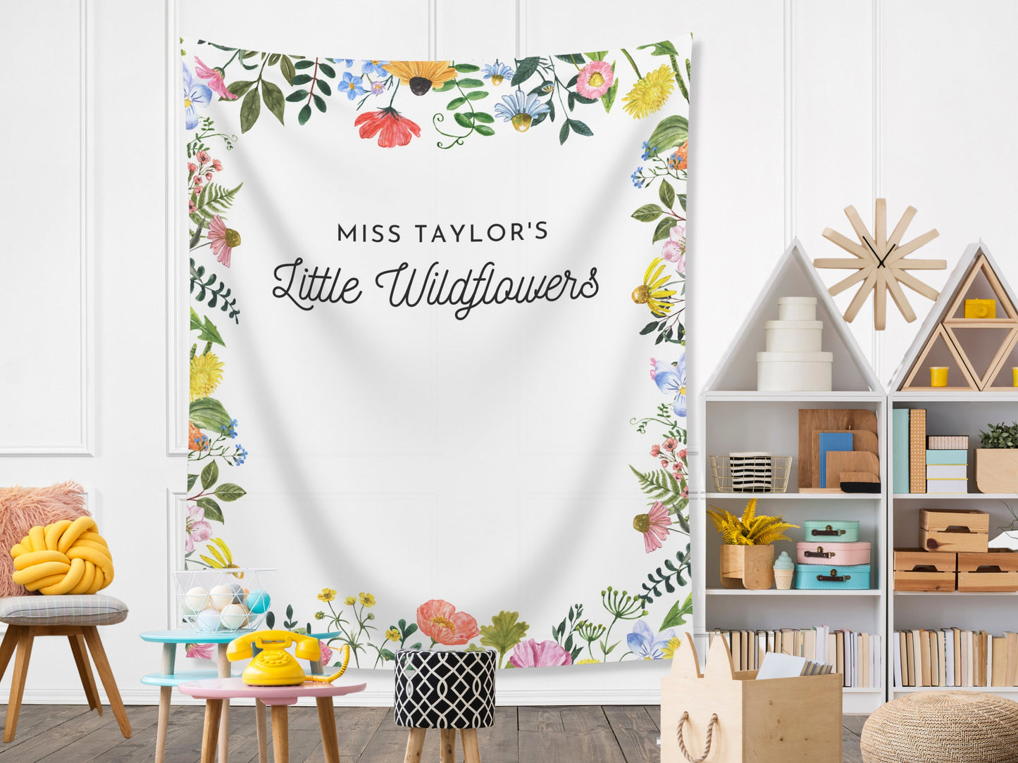 Teacher's Little Wildflowers Classroom Custom Text Banner | Completely Customizable Fabric Backdrop Back to School Décor | Teacher Gift Idea