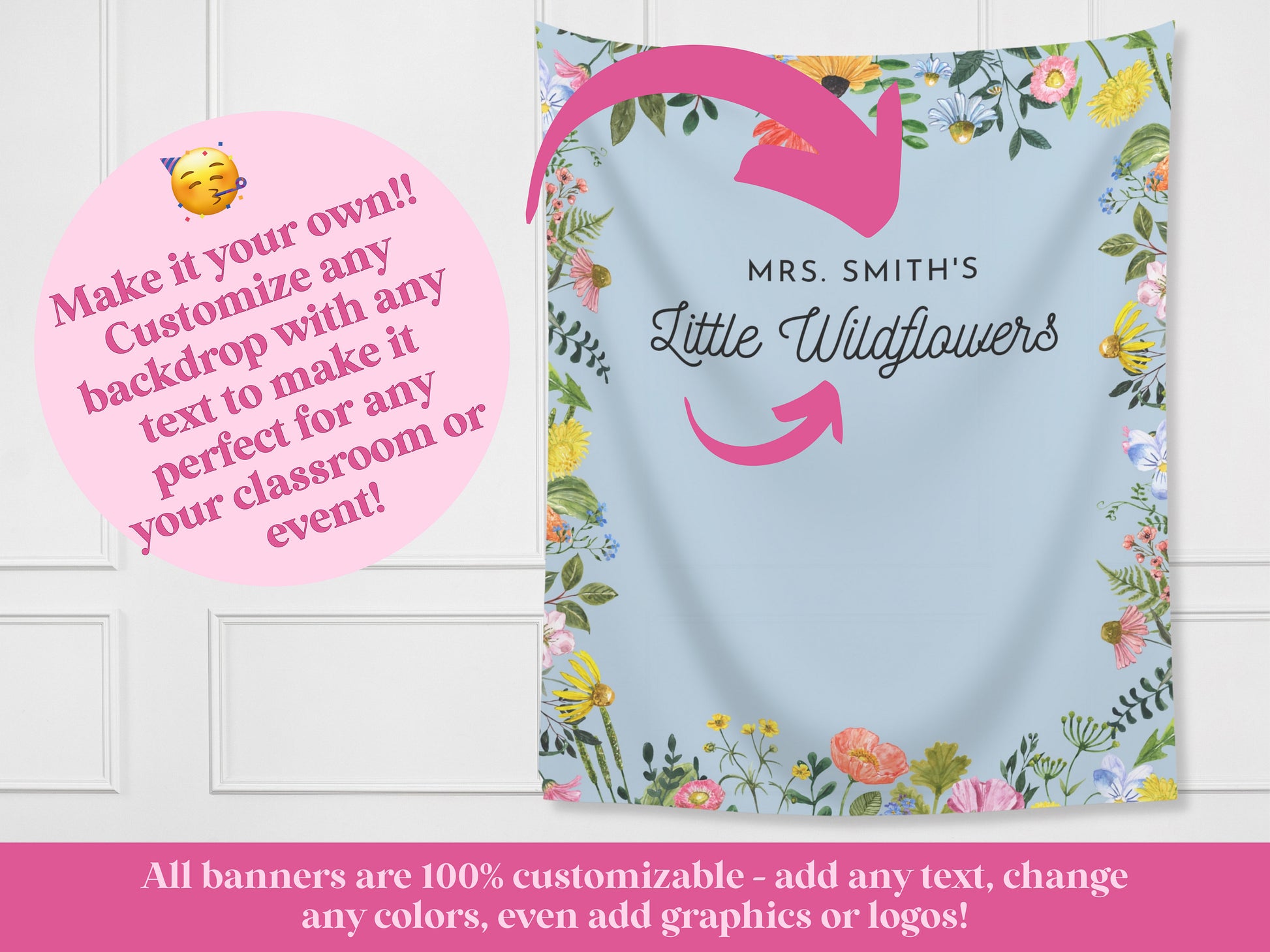 Teacher's Little Wildflowers Classroom Custom Text Banner | Completely Customizable Fabric Backdrop Back to School Décor | Teacher Gift Idea