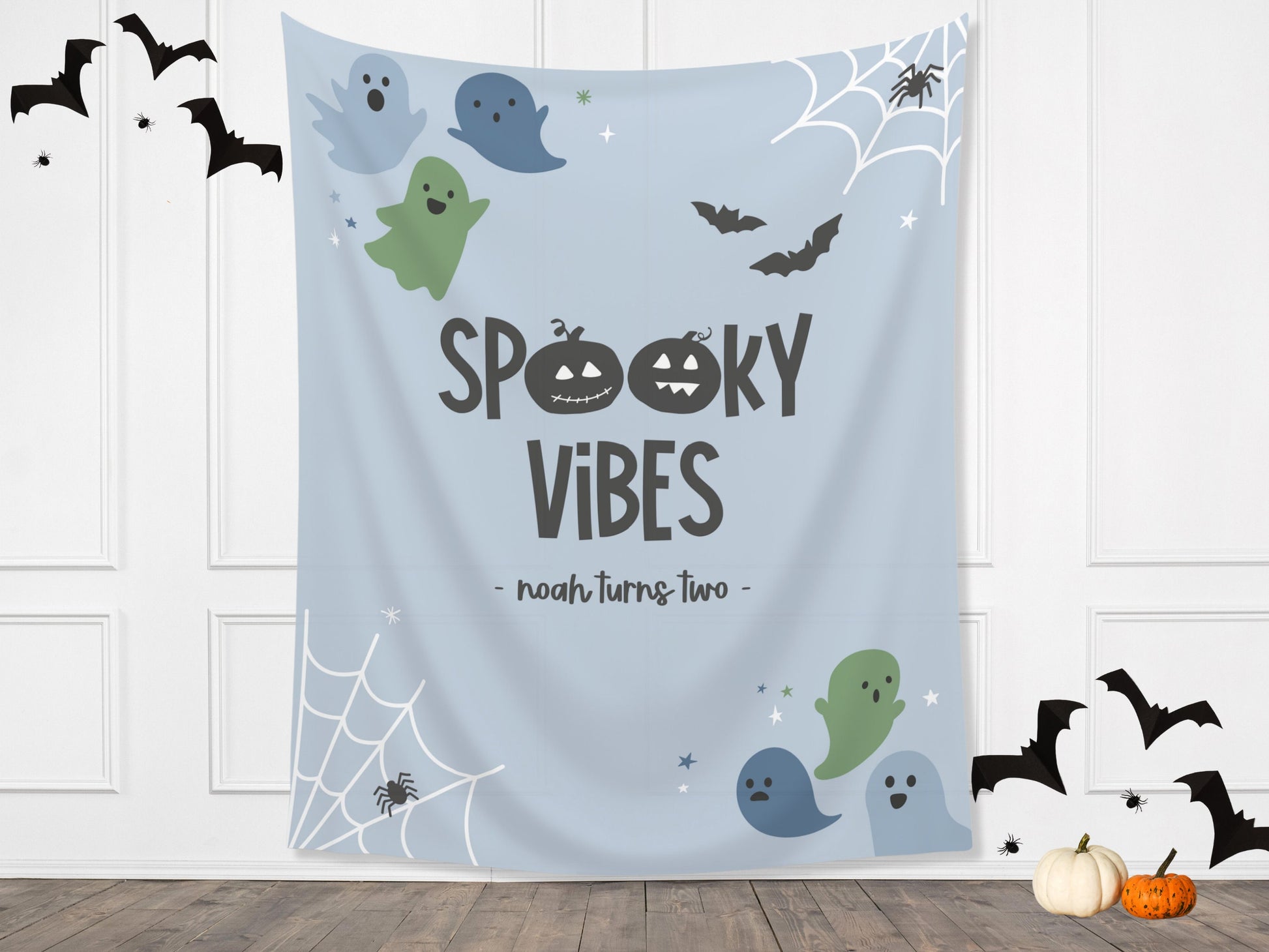 Spooky Vibes Cute Ghost Kids Birthday Party - Pastel Blue and Green - October Halloween Baby Shower Décor - Custom Backdrop