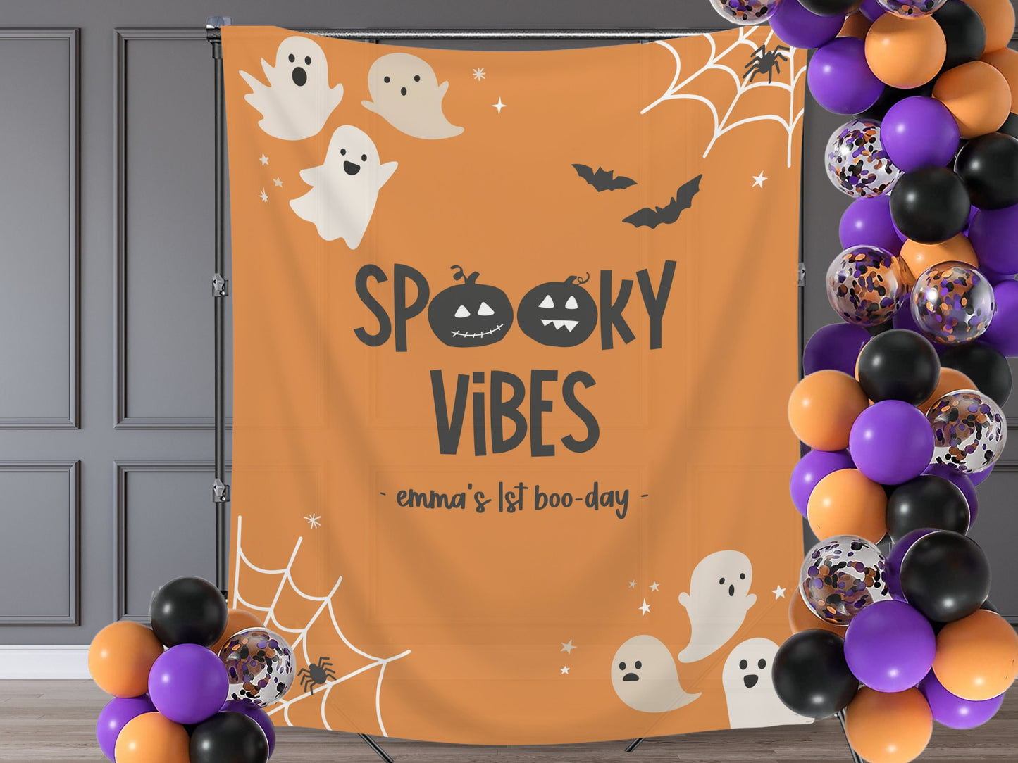 Spooky Vibes Cute Ghost Kids Birthday Party - Burnt Rust Orange - October Halloween Baby Shower Décor - Custom Backdrop