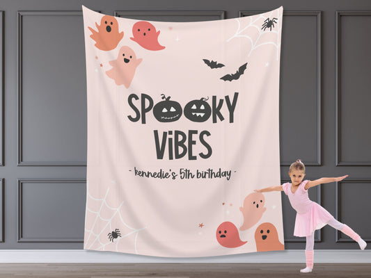 Spooky Vibes Cute Ghost Kids Birthday Party - Pastel Pink - October Halloween Baby Shower Décor - Custom Backdrop