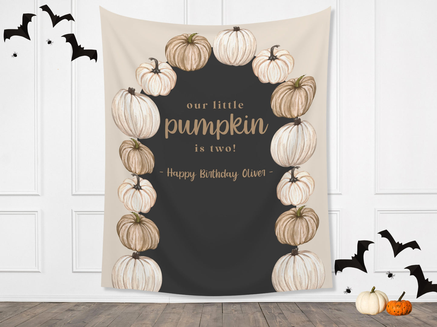 Pumpkin Arch Banner Fall Party - Neutral Tan Black and Gold - October Halloween Baby Shower Décor - Custom Backdrop