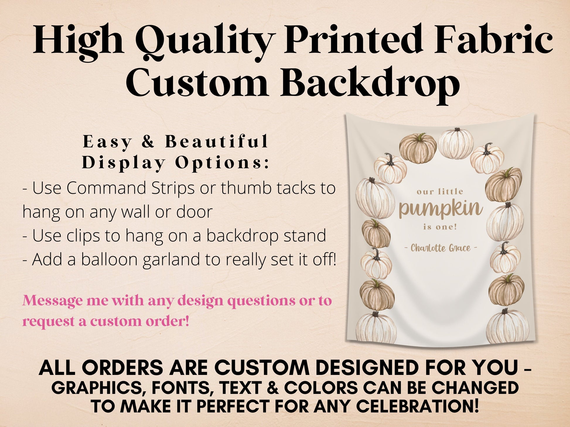 Pumpkin Arch Custom Text Banner | Customizable Fall and Halloween Backdrop | 1st Birthday, Kids Birthday, Fall Festival or Baby Shower Décor