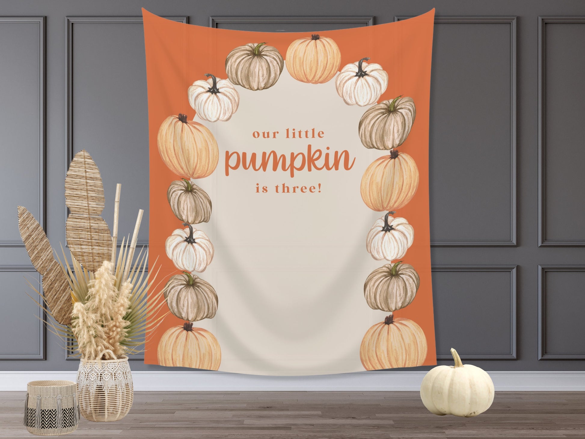 Pumpkin Arch Banner Fall Party - Neutral Tan Orange and Gold - October Halloween Baby Shower Décor - Custom Backdrop