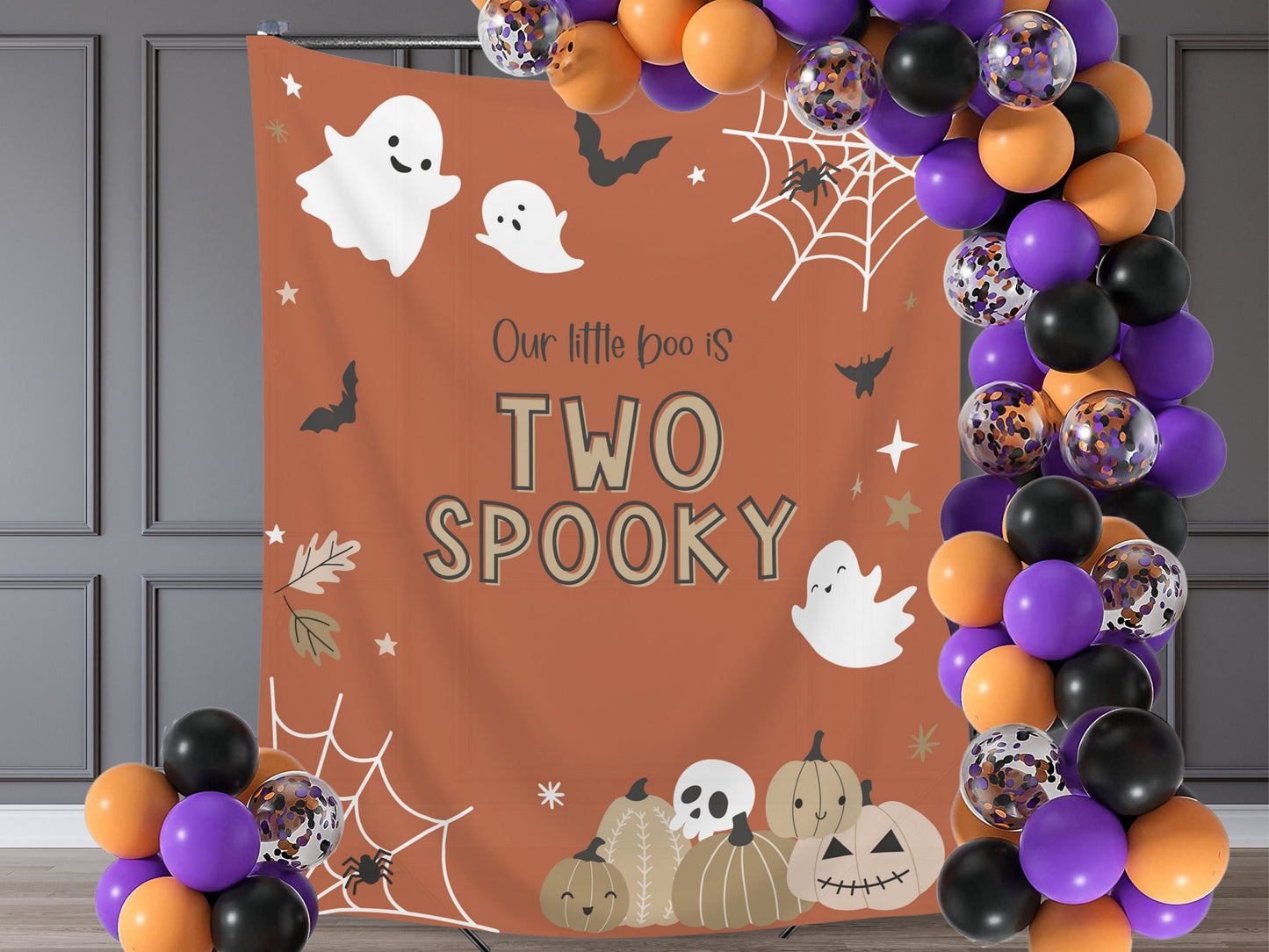 Two Spooky Halloween Birthday Party Banner | Completely Customizable Text Name Backdrop | Our Little Boo | Our Little Pumpkin | Cute Ghost