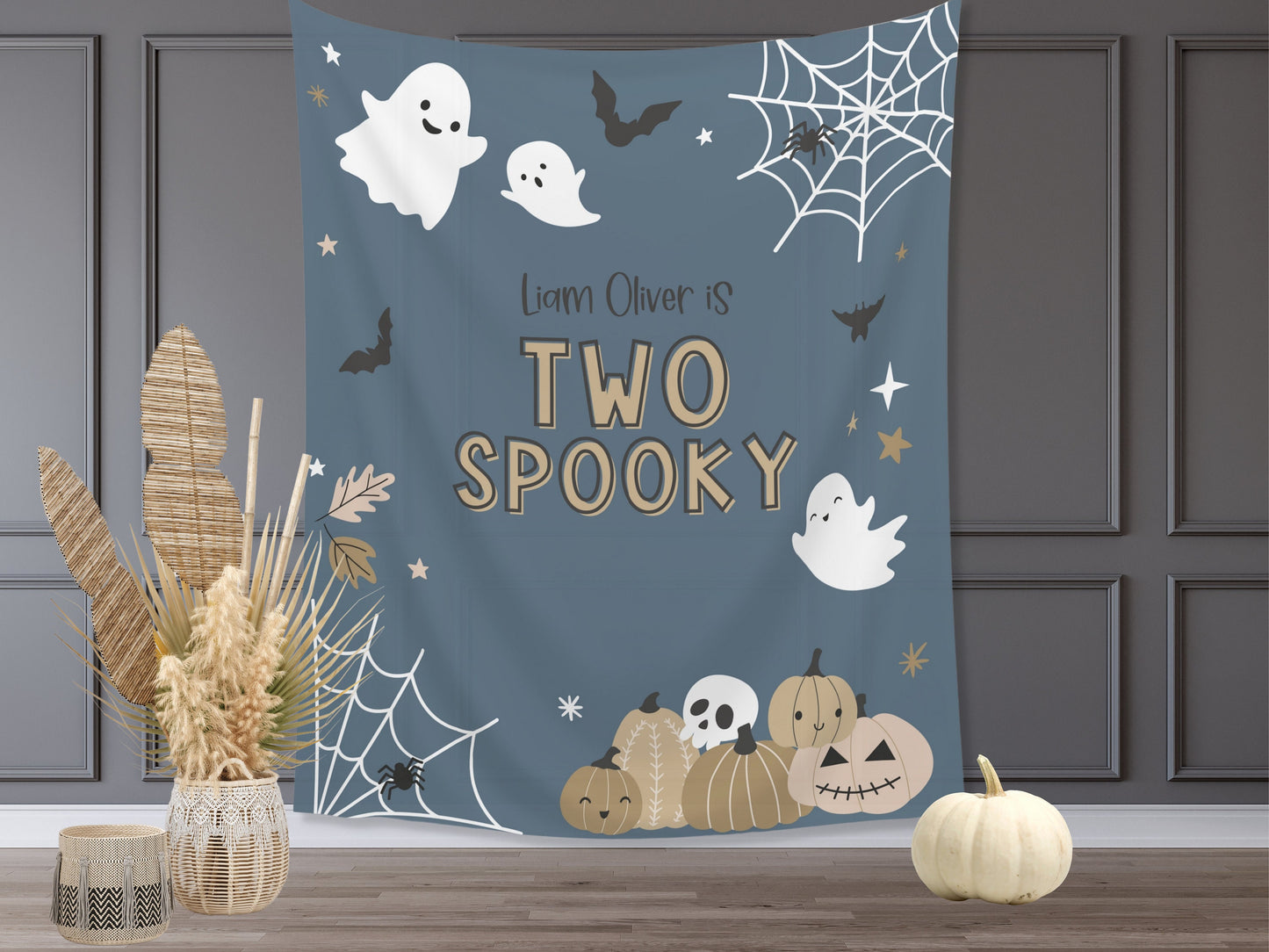 Two Spooky Halloween Birthday Party Banner | Completely Customizable Text Name Backdrop | Our Little Boo | Our Little Pumpkin | Cute Ghost