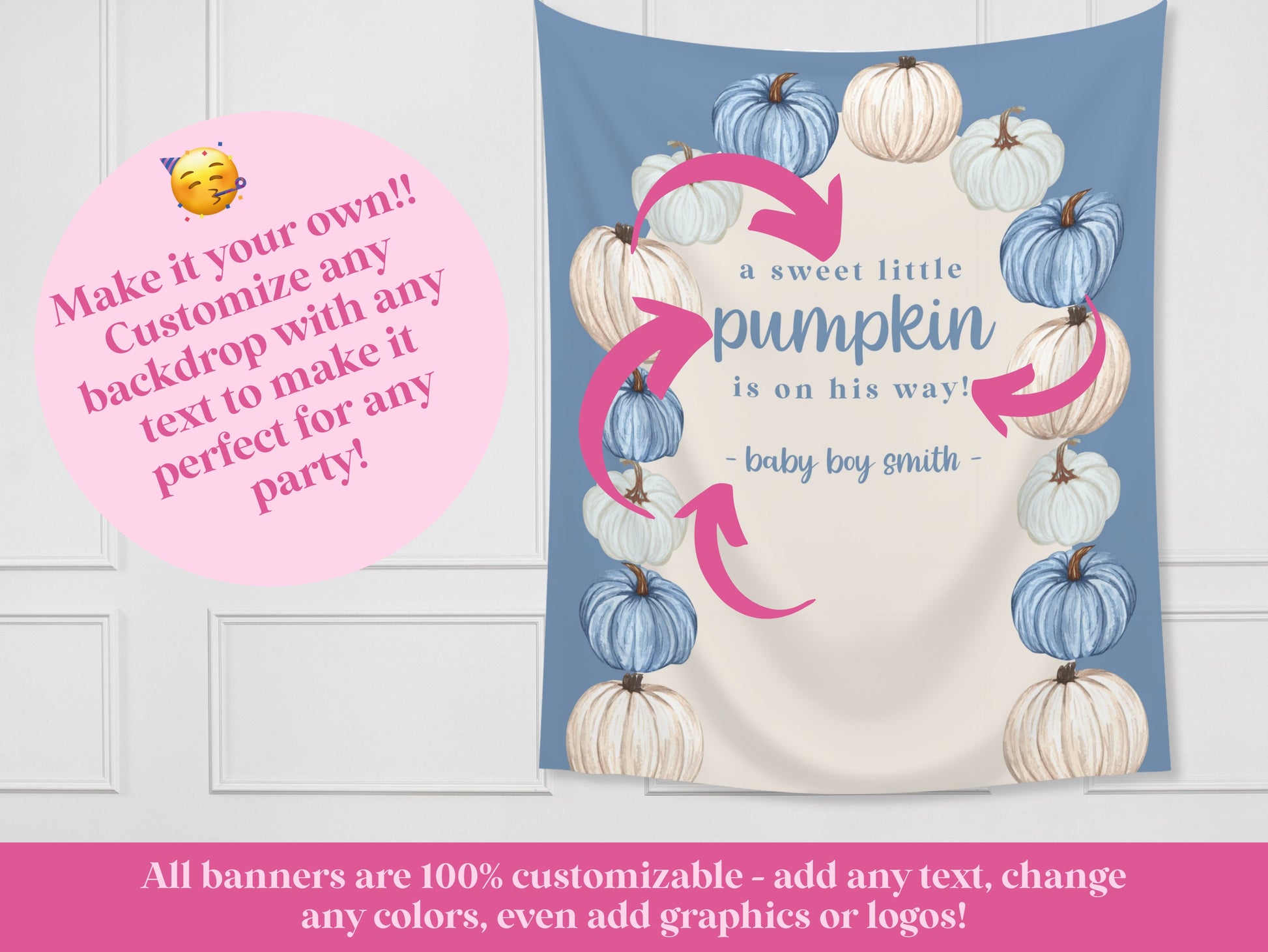 Pumpkin Arch Custom Text Banner | Customizable Fall and Halloween Backdrop | 1st Birthday, Kids Birthday, Fall Festival or Baby Shower Décor