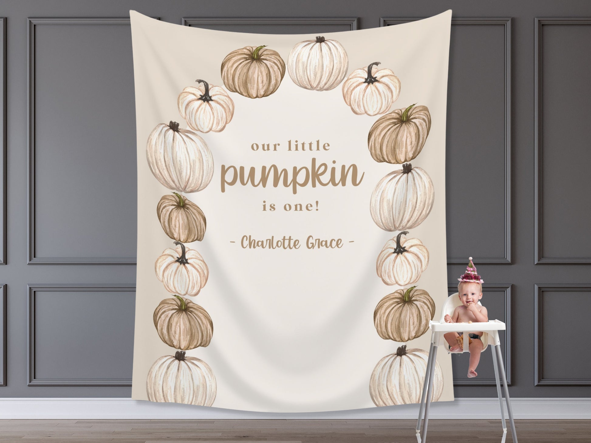 Pumpkin Arch Banner Fall Party - Neutral Tan Champagne and Gold - October Halloween Baby Shower Décor - Custom Backdrop