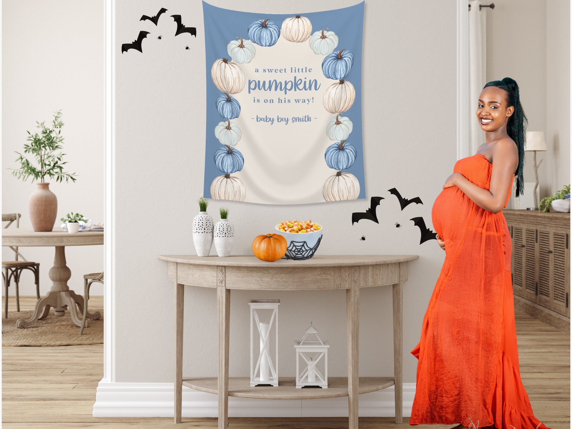 Pumpkin Arch Banner Fall Party - Dusty Blue Champagne and Gold - October Halloween Baby Shower Décor - Custom Backdrop