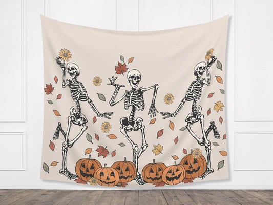 Fall Leaves Dancing Skeletons Banner | Customizable Text Halloween Party Backdrop | Birthday, School Fall Festival, Business Shop Décor