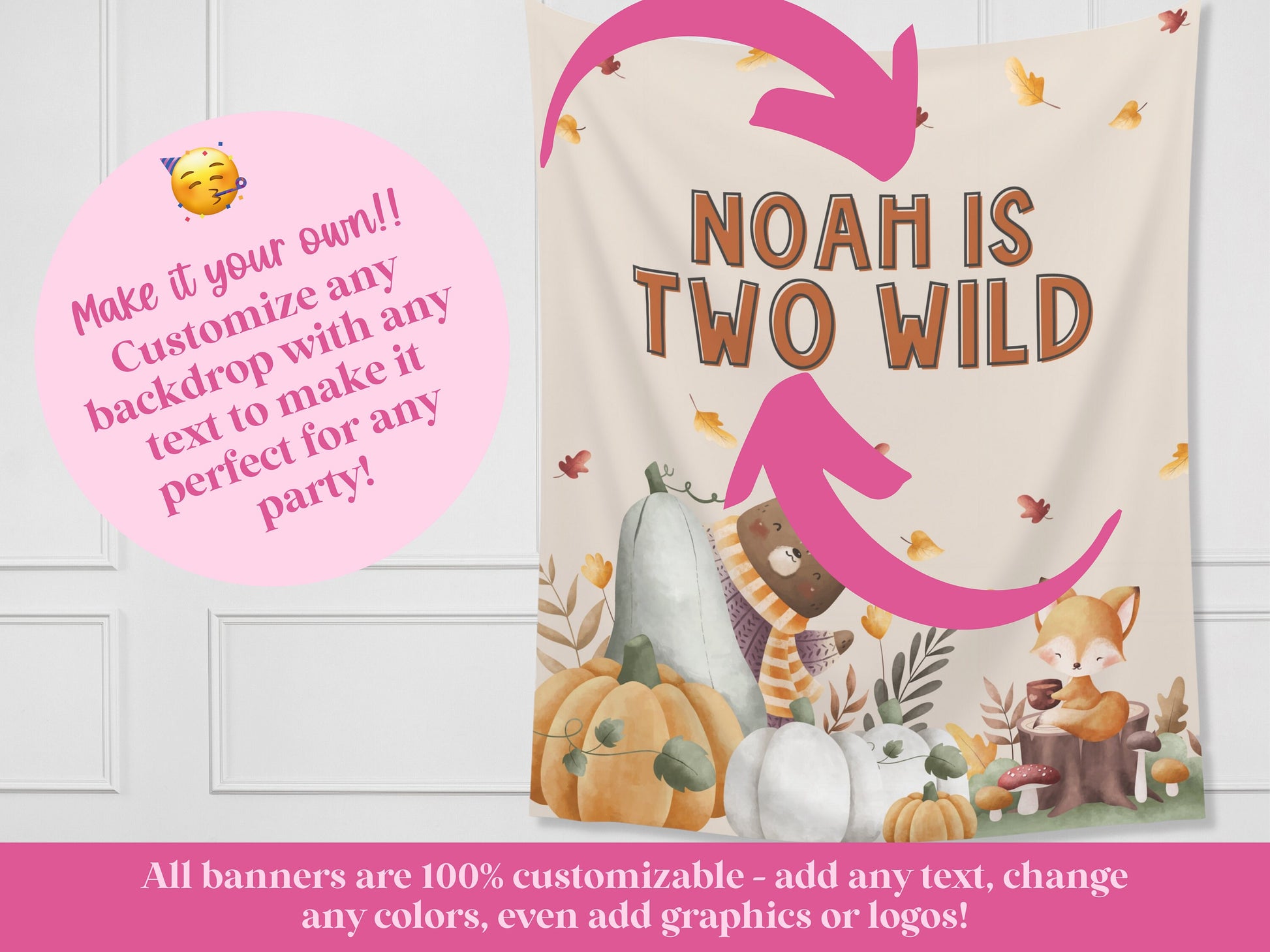 Fall Leaves Wild One Custom Banner | Customizable Pumpkin Baby Animal Backdrop | Two Wild | Little Pumpkin 1st, 2nd, 3rd Birthday