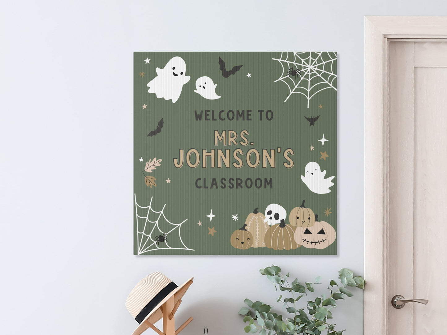 Spooky Halloween Canvas Teacher Name Classroom Sign | Completely Customizable Canvas Welcome Sign | Skeleton and Pumpkin | Teacher Gift