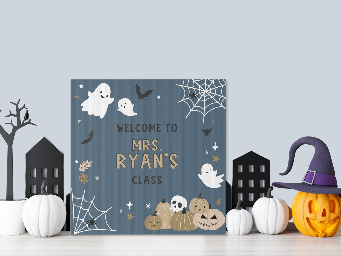 Spooky Halloween Canvas Teacher Name Classroom Sign | Completely Customizable Canvas Welcome Sign | Skeleton and Pumpkin | Teacher Gift