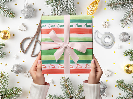 Pink Watercolor Stripes Wrapping Paper with Custom Text | Kid's Name Holiday, Christmas, Birthday Gift Wrap | From Santa | Personalized