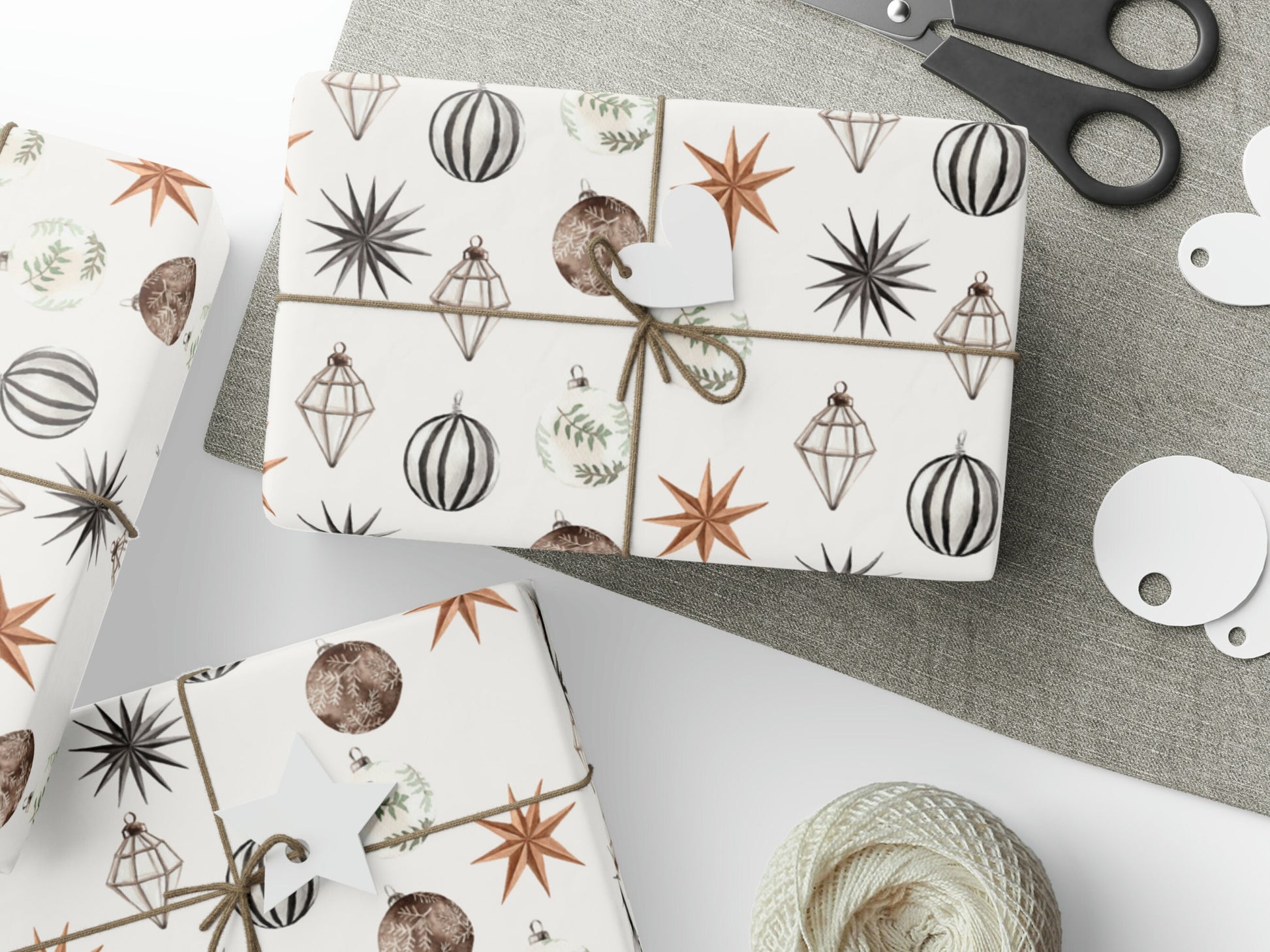 Cozy Black Wrapping Paper | Warm Black & White Watercolor Ornament Paper | Rustic Modern Boho Holiday Wrapping Roll | Holiday Paper Boutique