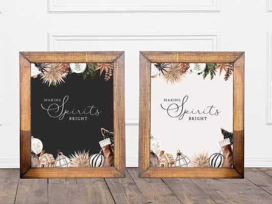 Cozy Chic Making Spirits Bright Bar Menu Sign | Customizable Poster | Black Christmas | Rustic Boho Party or Shower Décor | Winter Woodlands