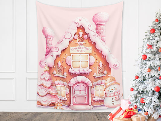 Gingerbread House Custom Holiday Banner | Pink, Blue or Neutral Backdrop for Balloon Garland | December Winter Party or Shower Décor |