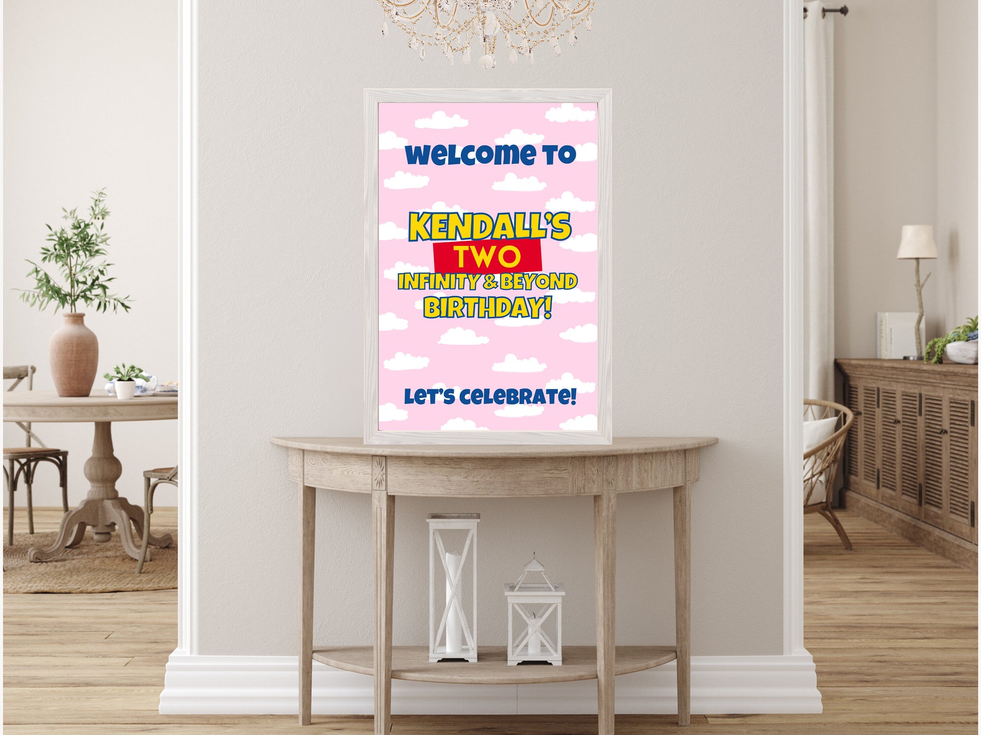 Custom Birthday Story Welcome Sign | Boy Birthday Party Theme | Blue Cloud | Classic Bright, Muted Colors, or Pink | Two Infinity and Beyond