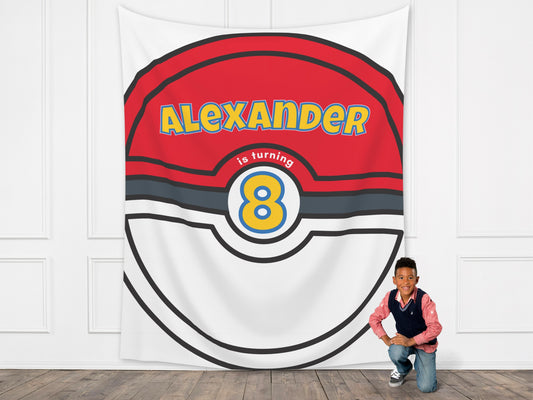 Cartoon Custom Birthday Ball Backdrop | Boy Birthday Party Theme | Red and White Ball or Gold Ball | Poke Party Decorations | Anime Cards