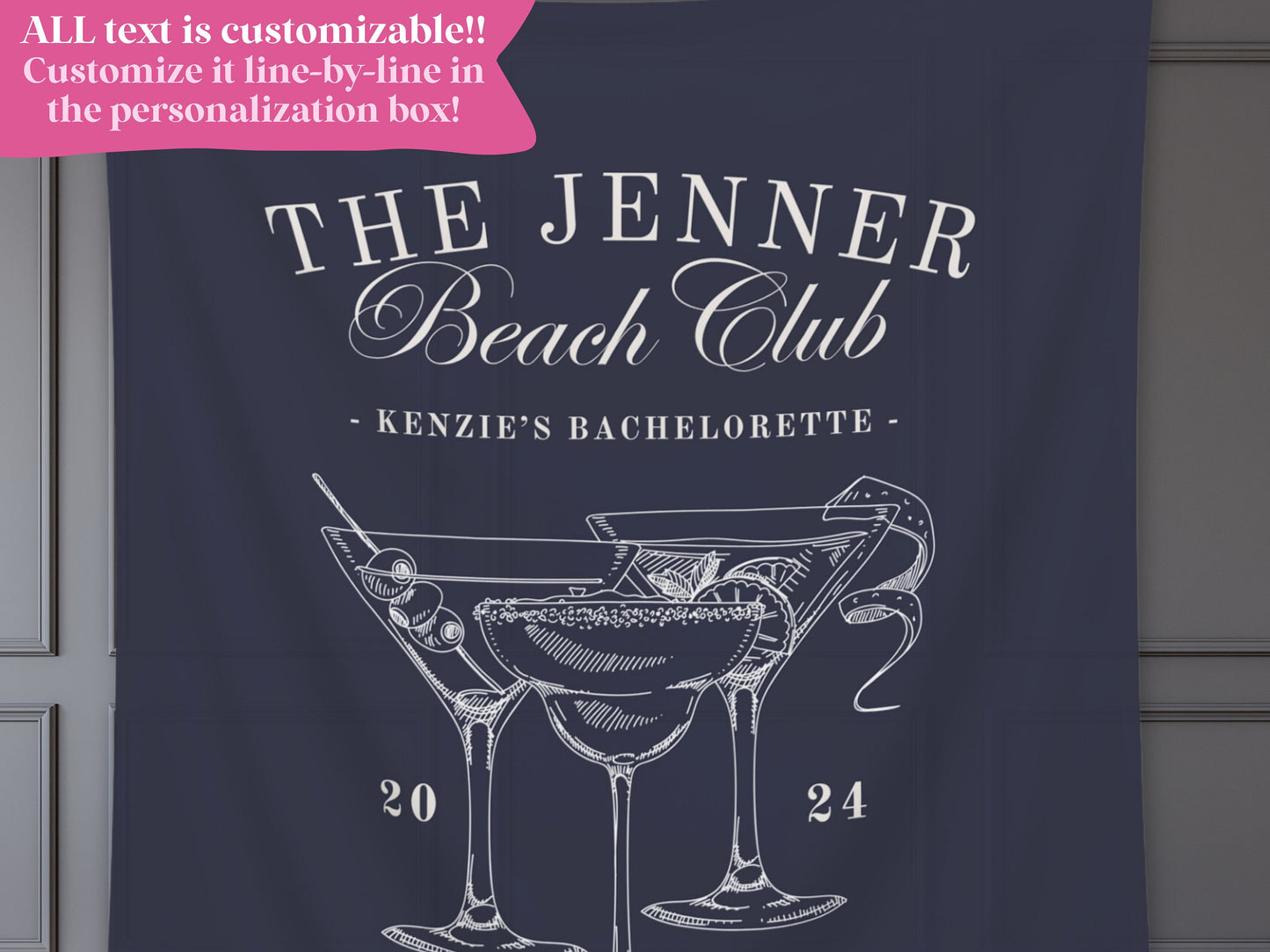 Custom Luxury Bachelorette Club Banner | Last Name Bridal Gift | Bachelorette Trip | Personalized Bride Hen Party Backdrop | Beach Club